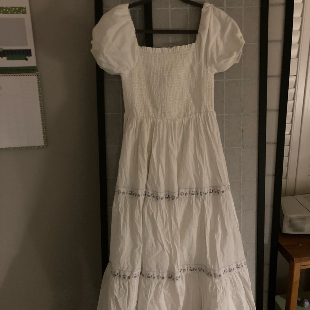 White Puff Sleeve Maxi Dress with Smocked Bodice